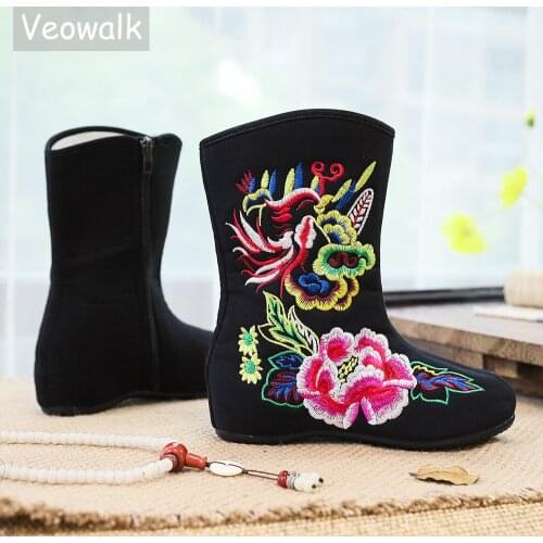 Veowalk Vintage Embroidery Women Canvas Mid-Calf Hidden Heel Wedge Boots Elegant Ladies Comfort Winter Autumn Shoes Fall Boats