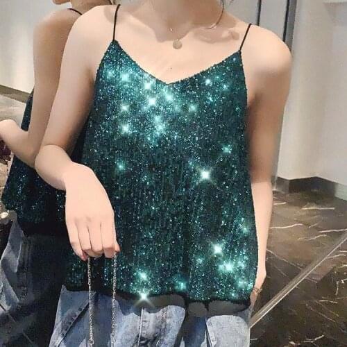 New Summer Sleeveless Camisole Womens Sexy V-Neck Spaghetti Strap Short Vest Vintage Sparkling Sequins Embroidery Loose Crop Top