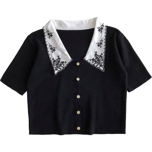 PERHAPS U Women Knitted Top Summer Short Sleeve Turn Down Collar Embroidery Black Yellow Pink Green White B0638
