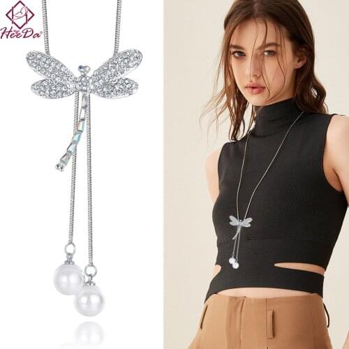 Japan Korean Elegant Crystal Pearl Long Necklace Women Fashion Animal Dragonfly Sweater Chain 2019 Lady New Simple Joker Jewelry