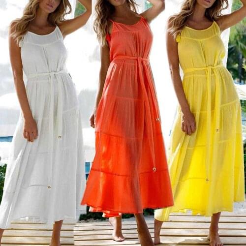 Women Summer Long Maxi Dress Adults Sleeveless Belted Solid Color Spaghetti Strap U-shaped Neck One-piece Beach Holiday dress