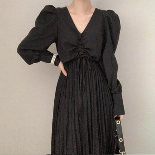 Korean Style Puff Sleeve High Waist Pleated Dress Solid Color V-neck Drawstring Vestidos Mid-length A-line Women Dresses