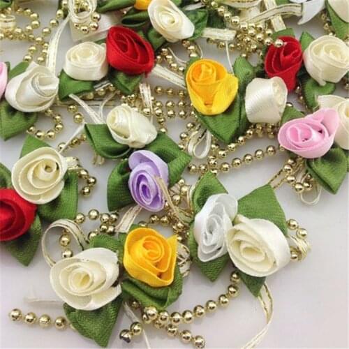 10pcs New Ribbon Flowers Bow W/ Rose Bead Leaf Wedding Decor Appliques A244