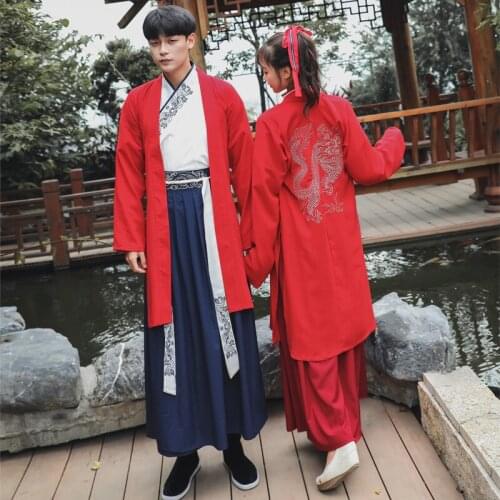 Free shipping mens embroidered dragon pattern red long stick cardigan coat womens half arm Han suit ancient style couple suit