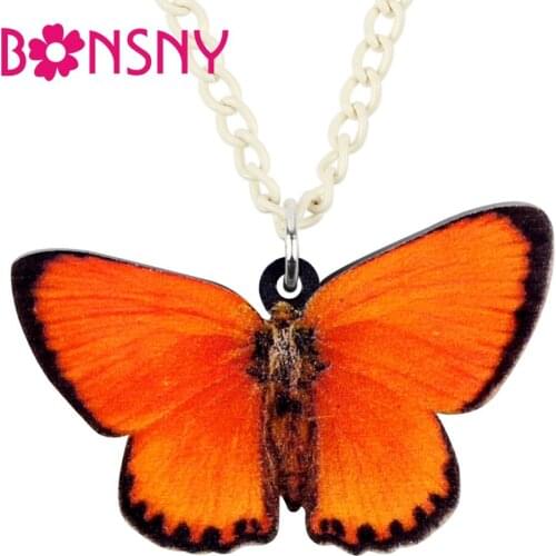 Bonsny Acrylic Purple-edged Copper Butterfly Insect Necklace Pendant Long Chain Trendy Jewelry For Women Girls Gift Bijoux Party