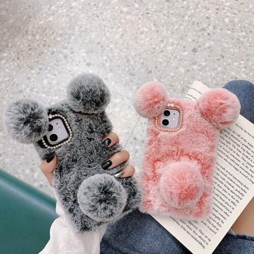 Solid Color Plush Phone Case for iPhone 6 7 8 SE2020 6P 7P X XR XS MAX 11 12 PRO MAX Cute Panda Shape Back Cover for iPhone 11