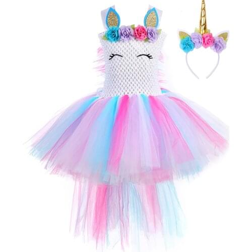 Flower Unicorn Costume for Girls Princess Halloween Trailing Dresses Kids Unicorns Tutu Dress Up Clothes for Children Birthday