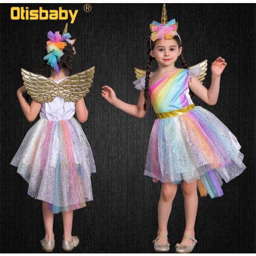 Child Halloween Girls Pony Ball Gown Infant Rainbow Voile Unicorn Dress Kids Horse Clothes Girl Angel Unicorn Wing + Headband