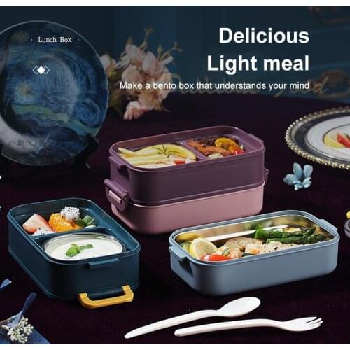 Double-layer Bento Box Layer Microwave Food Container Stainless Steel Soup Bowl With Spoon Fork Lunch Box Home School Accessory