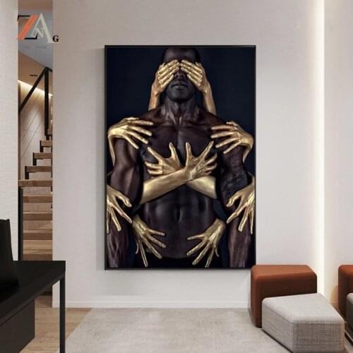 African Featured Art Black Gold Naked Man Canvas Painting Modern Wall Posters and Prints Canvas Pictures of Living Room Murals