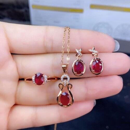 Fine Jewelry 925 Pure Silver Chinese Style Natural Ruby Womens Luxury Classic Oval Gem Pendant Ring Earring Set Support Detecti