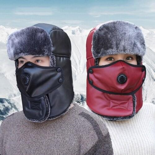 PU Leather Ski Hiking Cap With Neck Gaiter Winter Face Mask Breathable Vavle Tactical Military Hats Balaclava Fleece Hunting Hat