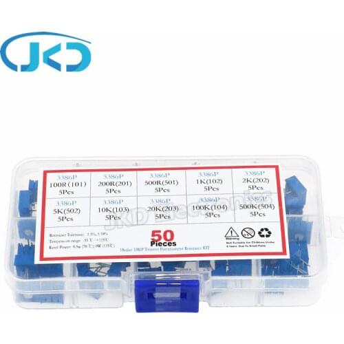 50pcs 3386P series 100R 200 500R 1K 2K 5K 10K 20K 50K 100K 500K multi-turn potentiometer Variable resistors With box set