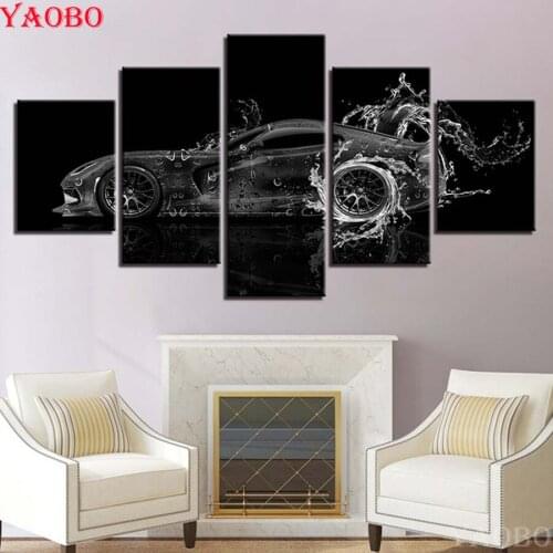 DIY Diamond Painting 5 Piece Black Car Wall Art Water cross stitch kits embroidery mosaic Crafts Bedside Background Picture