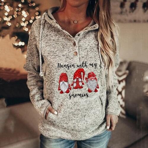 Autumn Winter Women Buttons Collar Hoodies Sweatshirts Christmas Faceless Doll Printed Pullover Pockets Drawstring Topt S-2XL