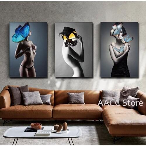 Butterflies Half Nude Women Posters and Animals Prints Wall Art Canvas Painting Sexy Naked Pictures for Room Home Cuadros Decor