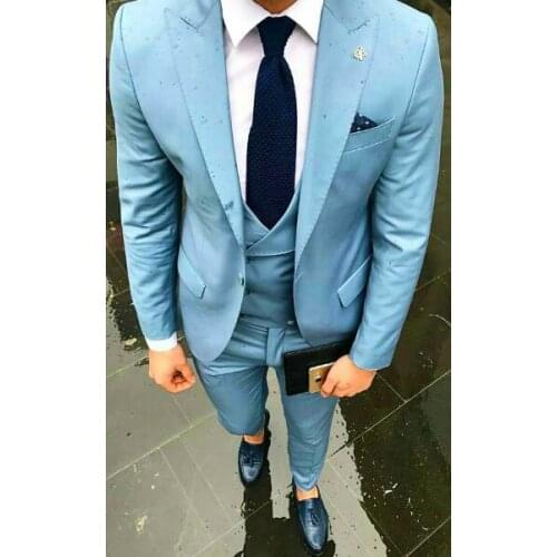 Latest Coat Pant Designs Light Blue Men Suit Slim Fit Skinny 3 Piece Suits Tuxedo Custom Groom Prom Party Blazer Terno Masculino