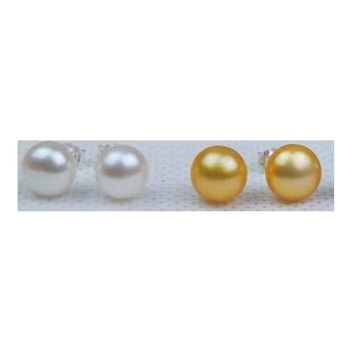 REAL 9-8 MM akoya white+gold PEARL EARRING SOLID MARKED ! word earring ohrring Pendiente wholesale 2 pair