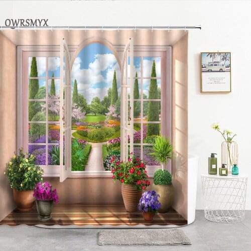 European Style Window Garden Scenery Shower Curtain Oil Painting Landscape Decorative Curtain For Bathroom Bathroom Products