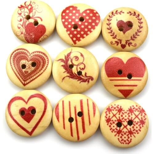 Mix Love Heart Pattern Round Wooden Buttons Handmade Accessories Decoration Sewing Scrapbooking Crafts DIY 15mm
