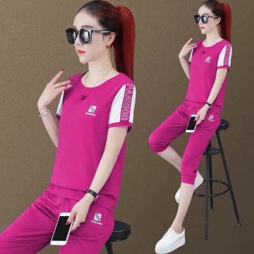 Sports Fashion Cropped Trousers Two Piece Set Short Sleeved Round Neck Slim Summer Suit Women Rose Red Purple Blue Clothes