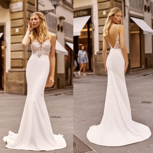 Simple Satin Mermaid Wedding Dresses 2020 Lace Appliqued V Neck Bridal Gowns Nigerian Arabic Backless Marriage Dress Robe