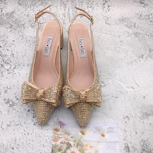 CHS1252 Custom Handmade SlingBacks Dress Pumps Big Size Blcok Heel Women Shoes Bridal Wedding Champagne Gold Crystal Shoes