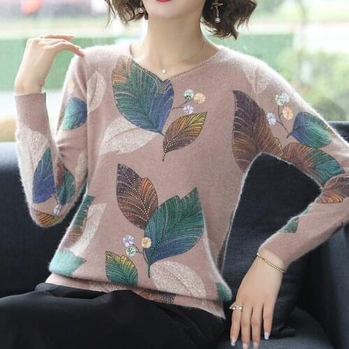 Vintage Runway Designer Brand Knitted Sweater Women 2020 Fashion V Neck Pullovers Leaf Printed Long Sleeve Loose Women Sweaters