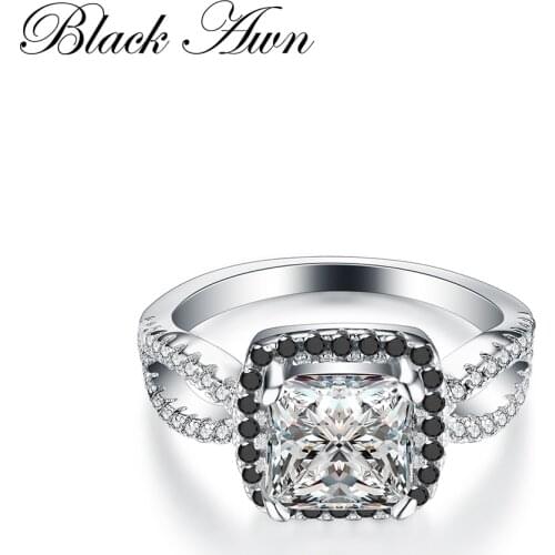 BLACK AWN 2020 Fashion Engagement Rings for Women 100% Genuine 925 Sterling Silver Ring Jewelry Square Black&White Stone C185