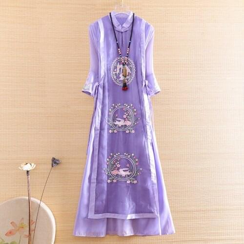 Hi-end Women Royal Embroidery Rabbit Cheongsam Dress Floral Slim Elegant Lady Chinese Style A-line Party Qiapo Dress S-XXL