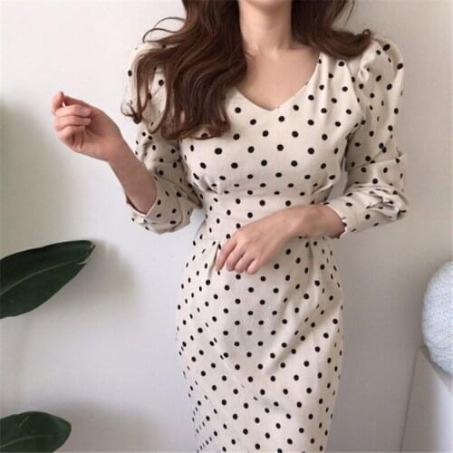 Vintage Korean Women Dot Puff Sleeve A-Line Mid-Calf Dress Spring Casual Long Sleeve V-Neck Elegant Ladies Slim Dresses Vestidos