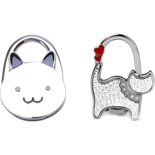 2 Pcs Foldable Handbag Hook Antislip Rubber Base Black Cat Cartoon & Cat Shaped White