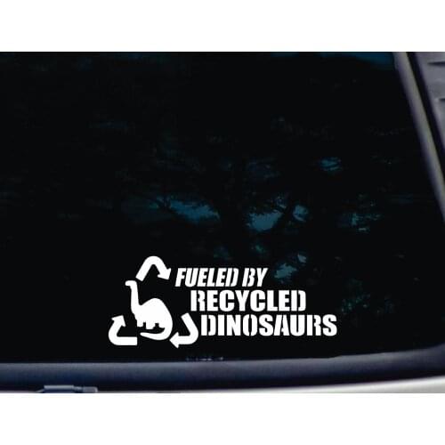 2pcs Black/White Fueled by Recycled Dinosaurs - 8.75" x 3.5" die cut vinyl decal for windows, cars, trucks, laptops, MacBook