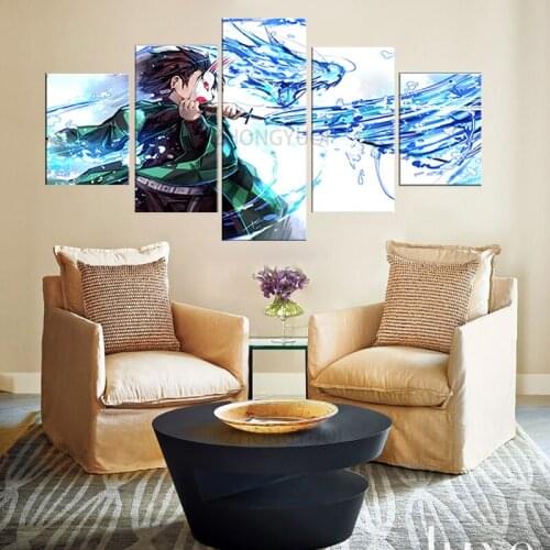 5 Panels HD Anime Boy Picture Kamado Tanjirou Demon Slayer Kimetsu No Yaiba Poster Animation Art Wall Decor Paintings Artwork