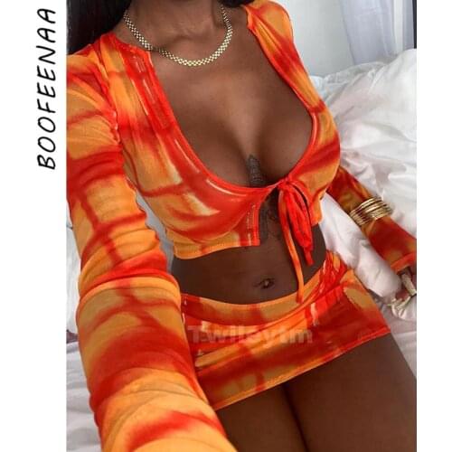 BOOFEENAA 2020 Autumn Winter Sheer Mesh Print Long Sleeve Two Piece Skirt Set Women Sexy Club Outfits Matching Sets C83-BC11