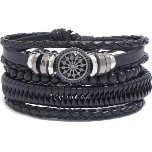 Punk Fashion Black Leather Bracelet Set Multi-Layer Beads Weave Rope Charm Bangle Wrap Retro Wristbands Hippie Women Men Jewelry