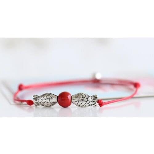 Handmade Pisces Bracelets Fish pattern Ceramic Beads lucky Red String Small Bell Jewelry for Women Girl Fashion Chinese Style