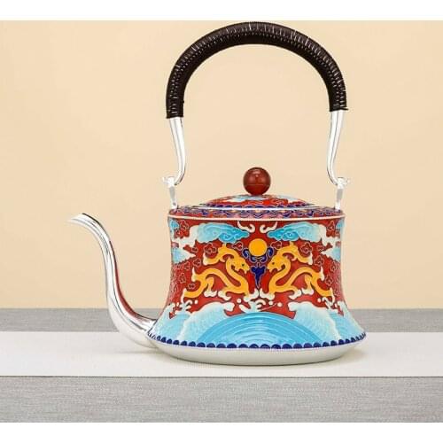 Pure Silver 999 Water Pot Pure Handmade Cloisonne Canglong Yunhai Middle Old Style Tea Set Pure Silver Water Pot