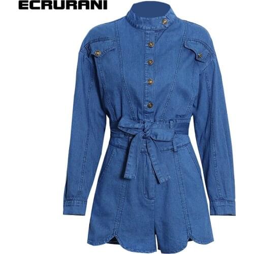 ECRURANI Casual Patchwork Two Piece Set For Women Stand Collar Long Sleeve Tops Loose Shorts Denim Sets Females 2021 New Stylish