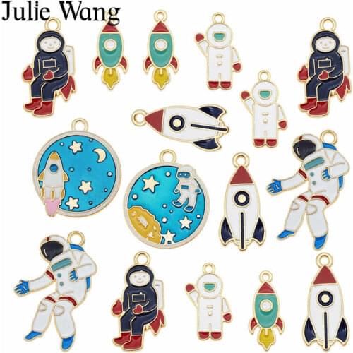 Julie Wang 7PCS Enamel Astronaut Rocket Charms Mixed Aerospace Gold Tone Necklace Bracelet Earrings Jewelry Making Accessory