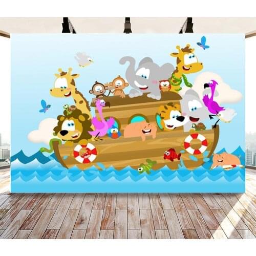 Cartoon Animals Wood Ship Blue Sea Photography Backdrops Kids Birthday Cake Table Decor Adventure Theme Backgrounds Photo