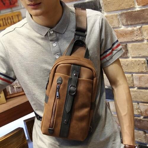 New design pu leather mens chest pack Korean fashion casual brown shoulder diagonal bag tide male Messenger sling Bag