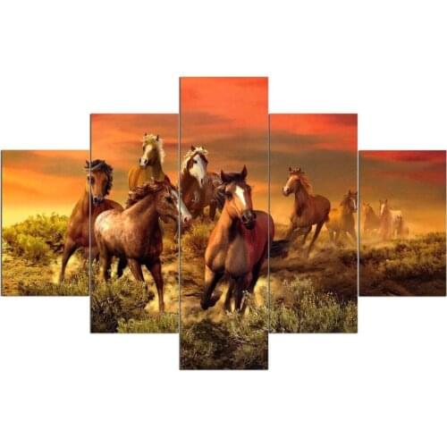 Poster HD Printed Painting Canvas Print Home Decor 5 Panel Forest Running Horse Maple Leaves Wall Art Pictures For Room