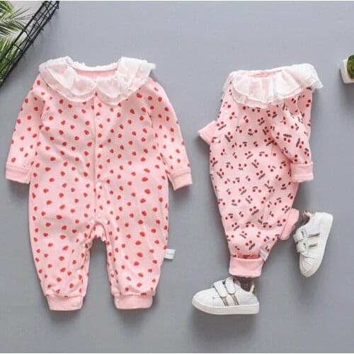 Long Sleeve Spring Fall Baby Girls Outfit One-piece Cotton Printed Romper Cute Lace Collar Little Princess Baby Girl Clothes