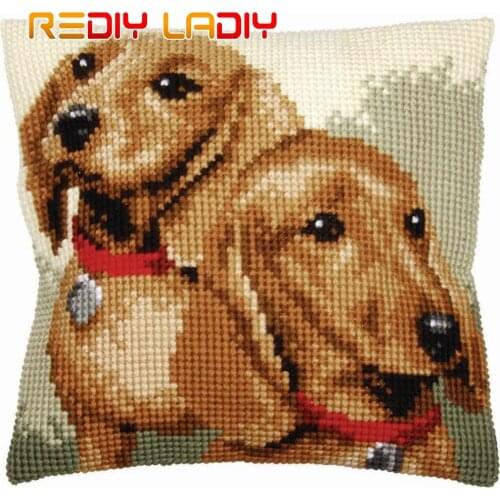 DIY Cross Stitch Cushion Two Puppies Needlepoint Kits Pre-Printed Canvas Thick Yarn Cross-stitch Pillow Case Arts and Crafts
