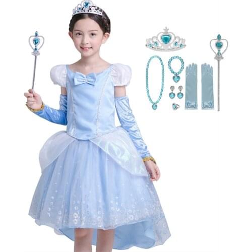 VOGUEON 2020 New Princess Dress Girls Puff Sleeve Bow-knot Cenicienta Fancy Girl Dress Blue Sequins Party Cosplay Costume Kids