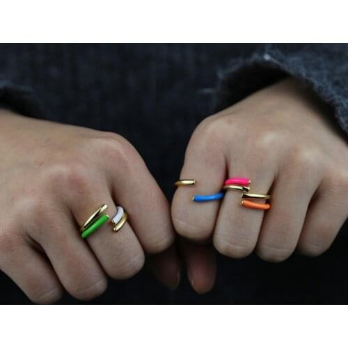 Rainbow Colorful Fashion Women Jewelry Open Adjusted Size Gold Color Neon Enamel Stacking Stack Finger Rings