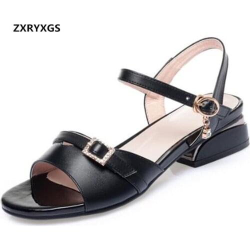 Promotion Summer Women Sandals 2020 New Fashion Fish Mouth Rhinestones Genuine Leather Sandals Low Heel Shoe Comfortable Sandals