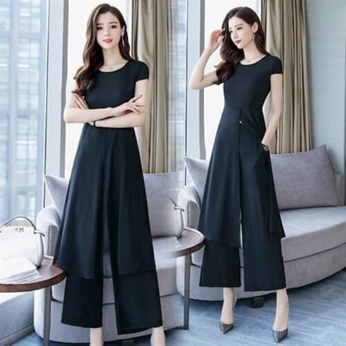 2020 Spring Summer Soild Color 2 Piece Sets Women Short Sleeve Long Tops + Wide Leg Pants Suits Casual Fashion 2 Pcs Set AA5454