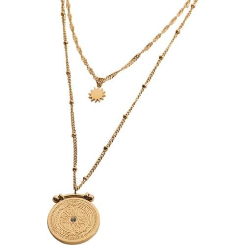 2021 New Trend French Luxury 316L Stainless Steel Necklace Double-layer Rome Round Card Retro Star Pendant Necklace For Women